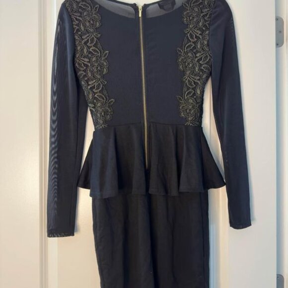BEBE | Evening Dress w/ Sheer Sleeves | Black and Gold |  XS - Picture 10 of 11